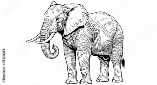 Detailed Line Drawing of a Majestic African Elephant with Prominent Tusks.