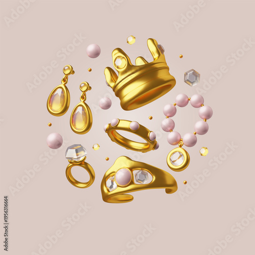 Luxury jewelry 3D vector round composition, golden ring, crown, earrings, necklace and bracelet with gemstone, diamond
