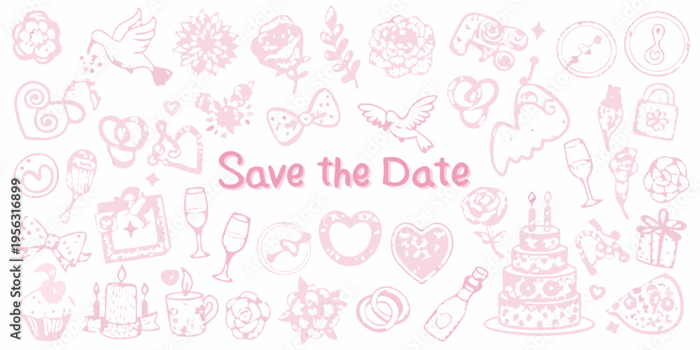 Fototapeta premium A whimsical pink doodle collection for a save the date announcement