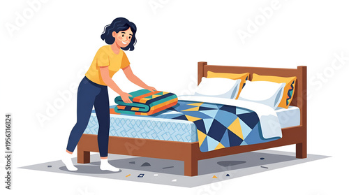 Woman tidying a bed with a colorful patterned quilt and pillows