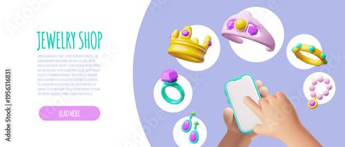 Jewelry shop 3D vector landing page, ring, earrings, necklace and bracelet with gemstone, online shopping on smartphone