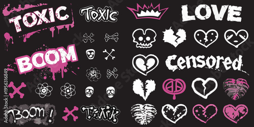 A collection of edgy pink and white graphic elements on black