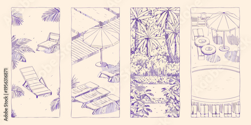 A series of sketched panels depicting a tropical poolside relaxation scene