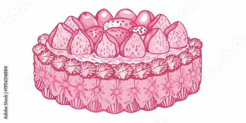 A beautifully decorated pink cake topped with fresh strawberries and cream
