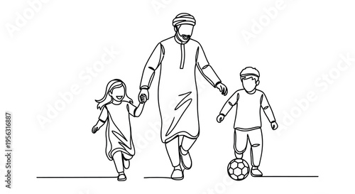 Line art illustration of families walking with children and soccer balls
