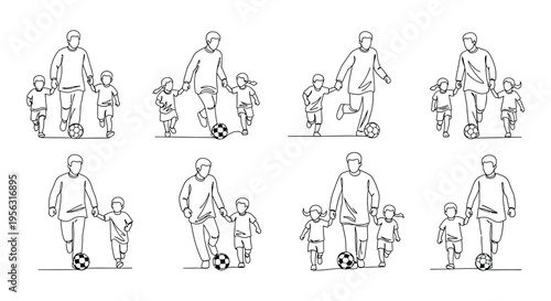 Line art illustration of families walking with children and soccer balls