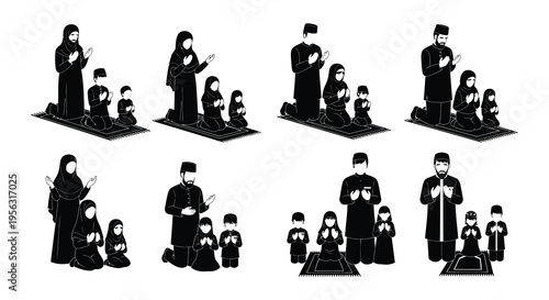 Diverse muslim families engaged in prayer shown in a black silhouette style