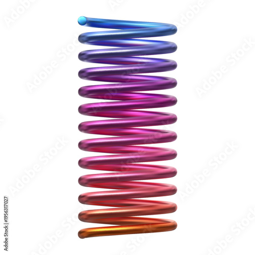A realistic rainbow-colored metal spring, ranging from orange, pink, purple, and blue.