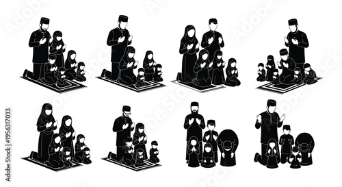 Diverse muslim families engaged in prayer shown in a black silhouette style