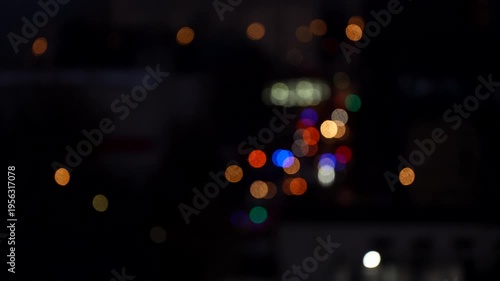Abstract defocused city lights at night with colorful bokeh effect and urban nightlife atmosphere