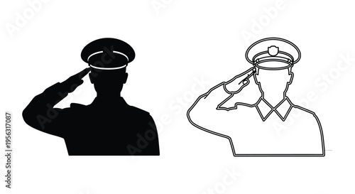 Saluting Officer Silhouette and Outline Vector