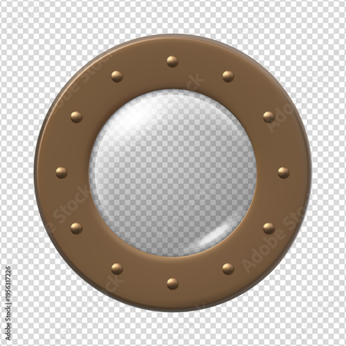 Brown metal frame with rivets, porthole window, isolated transparent background.