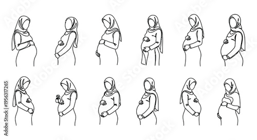 Line art illustration of pregnant women wearing hijabs in various poses