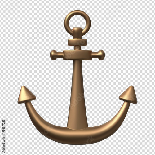 Metal anchor, vector realistic 3D nautical equipment of ship, bronze anchor for stability of vessel, yacht and boat
