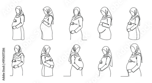 Line art illustration of pregnant women wearing hijabs in various poses