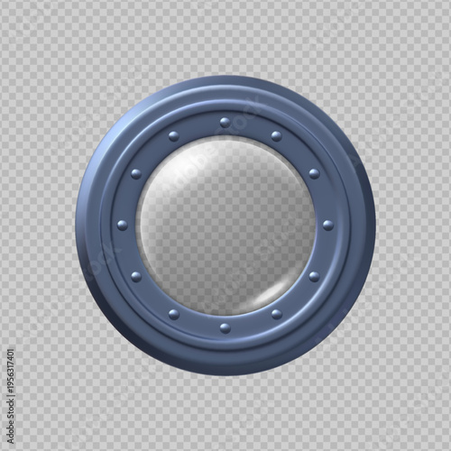 Blue, round, metal porthole with rivets and glass on a transparent, isolated background.