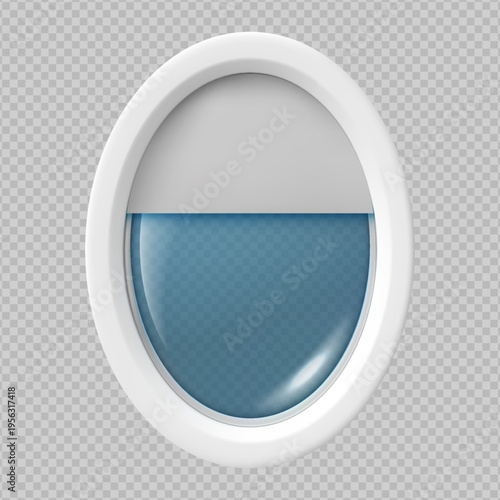 Airplane window, porthole with open glass inside view, 3D vector illuminator oval window and fuselage glass porthole
