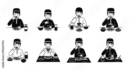 A series of illustrations depicting people eating meals at a table