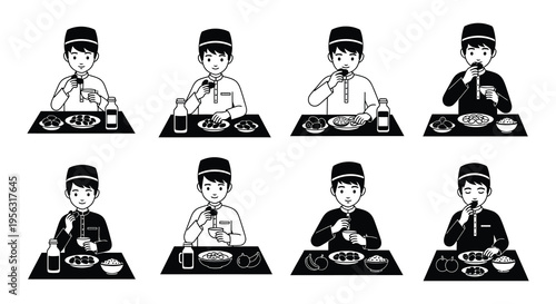 A series of illustrations depicting people eating meals at a table