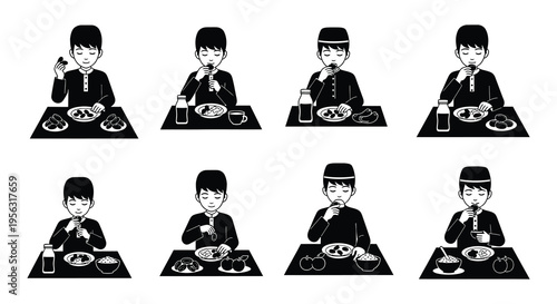 A series of illustrations depicting people eating meals at a table