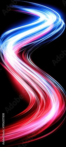 Abstract swirling light trails in vibrant red and blue against a dark background