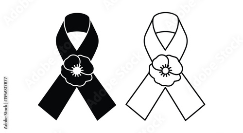 Black Mourning Ribbon with Poppy Vector Set