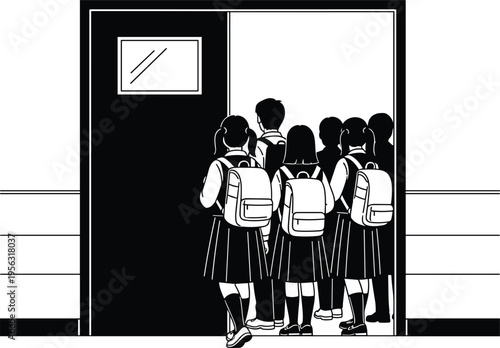 Children in school uniforms standing in line by a door backpacks