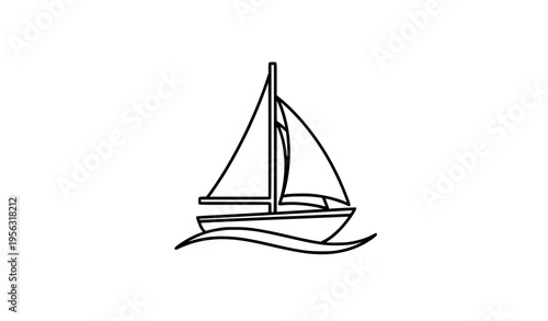 Simple sailing boat line art vector with mast sails and wave minimal nautical illustration isolated on white background