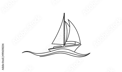 Continuous line sailing boat vector with wave and sails minimal nautical line art isolated on white
