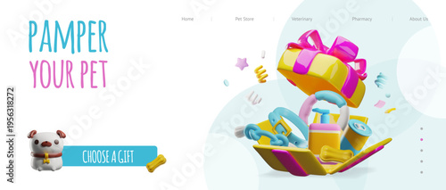 A 3D advertising banner for an online pet store featuring a gift box with accessories and a puppy.