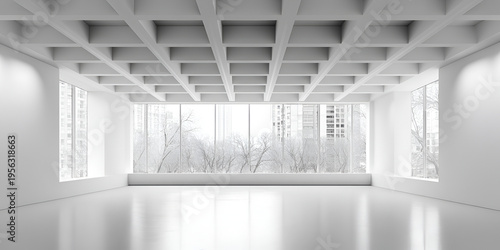 A bright, minimalist interior with a grid-patterned ceiling and large windows overlooking a winter landscape, bathed in natural light