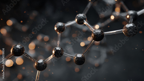 A close-up view of a molecular structure with spherical nodes and transparent connecting rods, blurred background