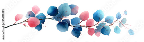 A delicate watercolor illustration depicts a botanical arrangement of leaves in shades of pink and blue, artfully placed on a slender branch