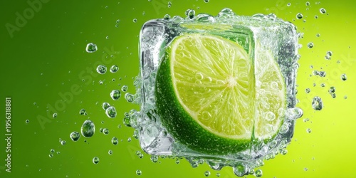 Refreshing lime slice encased in ice cube with water splashes and bubbles