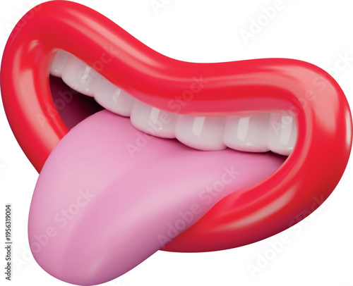 Joke mouth expression, vector cartoon 3D comic funny tease character open mouth, red lips, teeth and stick out tongue