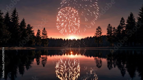 Fireworks exploding over lake for celebration joy and festive holiday event background