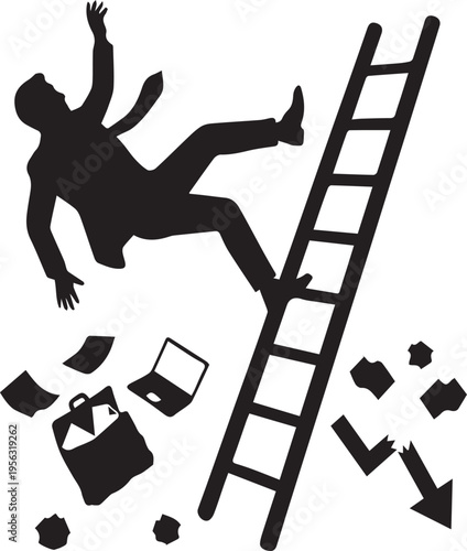 Businessman silhouette falling from a ladder with briefcase and laptop in a financial crisis concept
