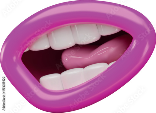 3D cartoon mouth, open, with bright pink lips, white teeth, and tongue, side view.