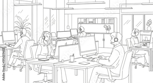 Line Art Depicting a Business Meeting in a Modern Office.