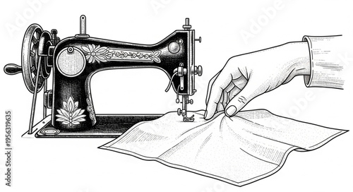Vintage Sewing Machine in Operation with Hand Guiding Fabric.