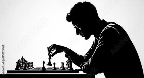 Silhouette of a Man Deep in Thought Playing Chess.