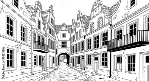 Charming European Street Scene with Historic Buildings and Cobblestone Road.