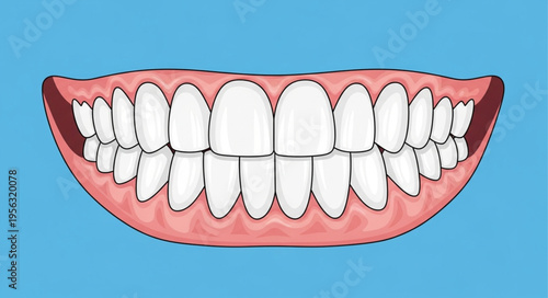Illustration of a full set of human teeth in gums.