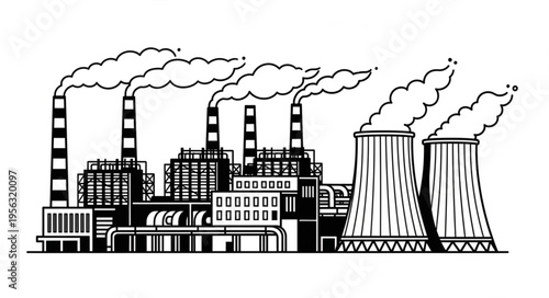 Industrial Power Plant Illustration with Smoke Stacks and Cooling Towers.