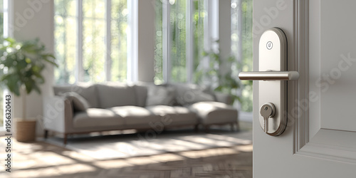 An open door reveals a sunlit living room with a couch, potted plant, and a blurred view of the outdoors. Focus is on door handle