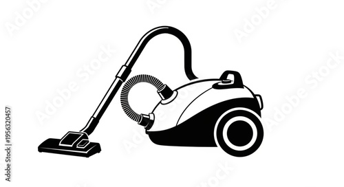 Illustration of a canister vacuum cleaner with hose and cleaning head.
