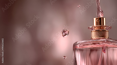 Close-up of a perfume bottle with droplets and a soft, blurred background in shades of pink and gold
