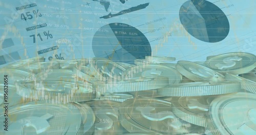 Animation of financial data processing over money on blue background