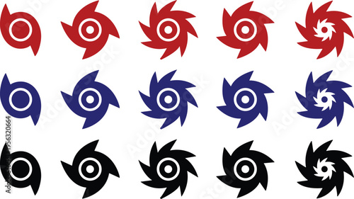 Hurricane cyclone icon set collection group in flat style featuring storm, typhoon, tornado, whirlwind, vortex and weather synonym elements for disaster alert, climate design and warning graphics