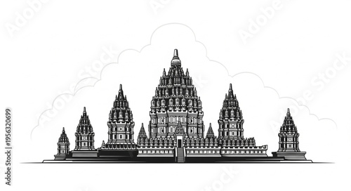 Detailed Line Art Depiction of the Prambanan Temple Complex.
